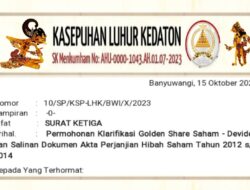 Surat Ketiga Permintaan Klarifikasi Golden Share Deviden Saham Banyuwangi di PT MDKA dan PT BSI