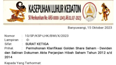 Surat Ketiga Permintaan Klarifikasi Golden Share Deviden Saham Banyuwangi di PT MDKA dan PT BSI